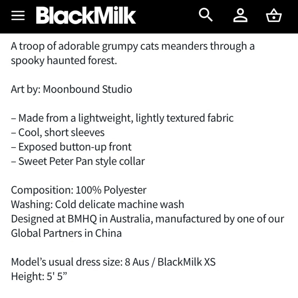 Blackmilk “Kitty Parade Cute As A Button Shirt”
Size 12 Aust/8 US NWT Cats Ghost - Picture 8 of 14